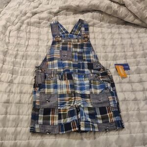 Gymboree Multi-Color Plaid Shortall Overalls boy blue plaid patchwork Y2K Vintag